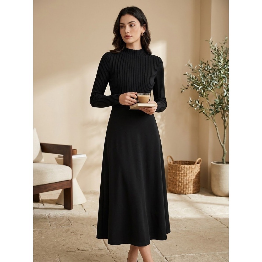 Ribbed Mock Neck Theory Black Rayon Blend Maxi Dress Size S Small